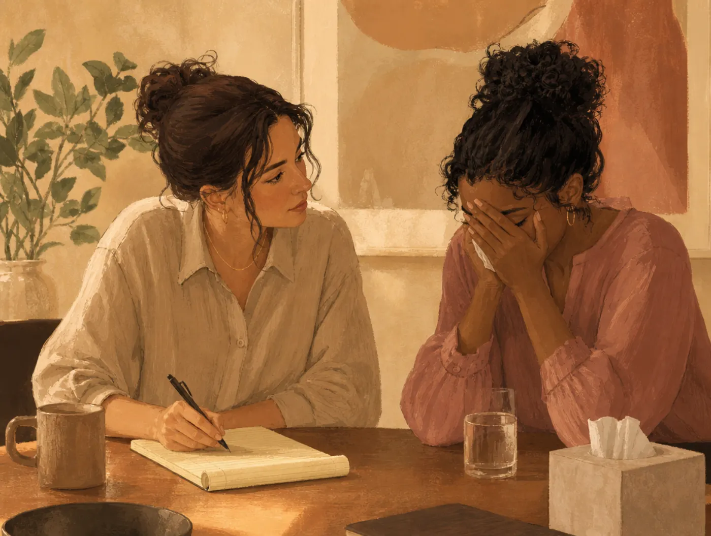 Dark Empath Test: a coworker mirrors a tearful colleague's expression while quietly taking notes on a legal pad instead
