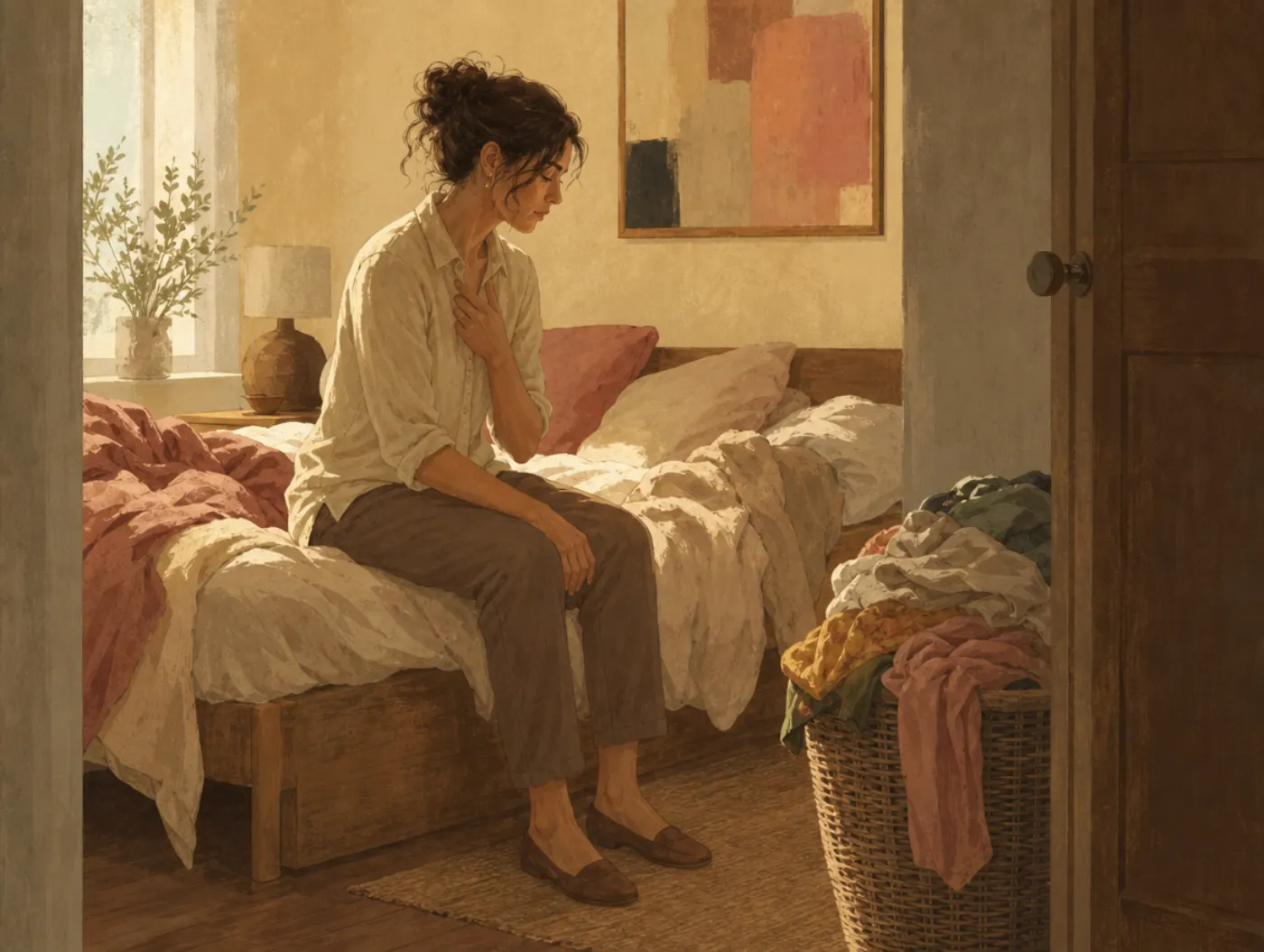 DASS-21 Depression, Anxiety & Stress Test: adult on unmade bed midday, hand on chest, laundry piled untouched