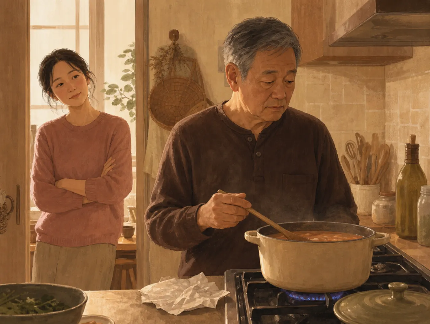 Dementia Test: daughter watches her father pause at the stove, having already reheated the same pot once
