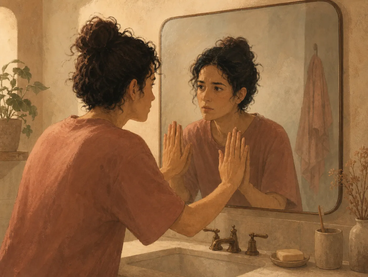 Depersonalization & Derealization Test: a person presses their palms against a bathroom mirror, studying their own refle
