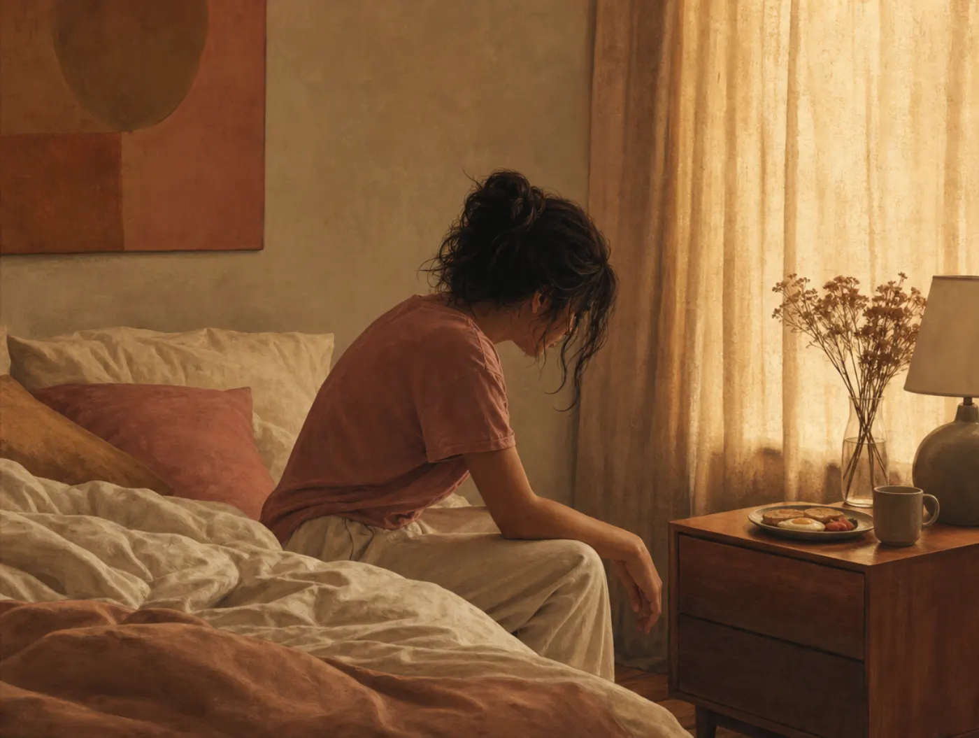 Depression Test: person sitting on an unmade bed at midday, curtains drawn, breakfast going cold untouched on the nights