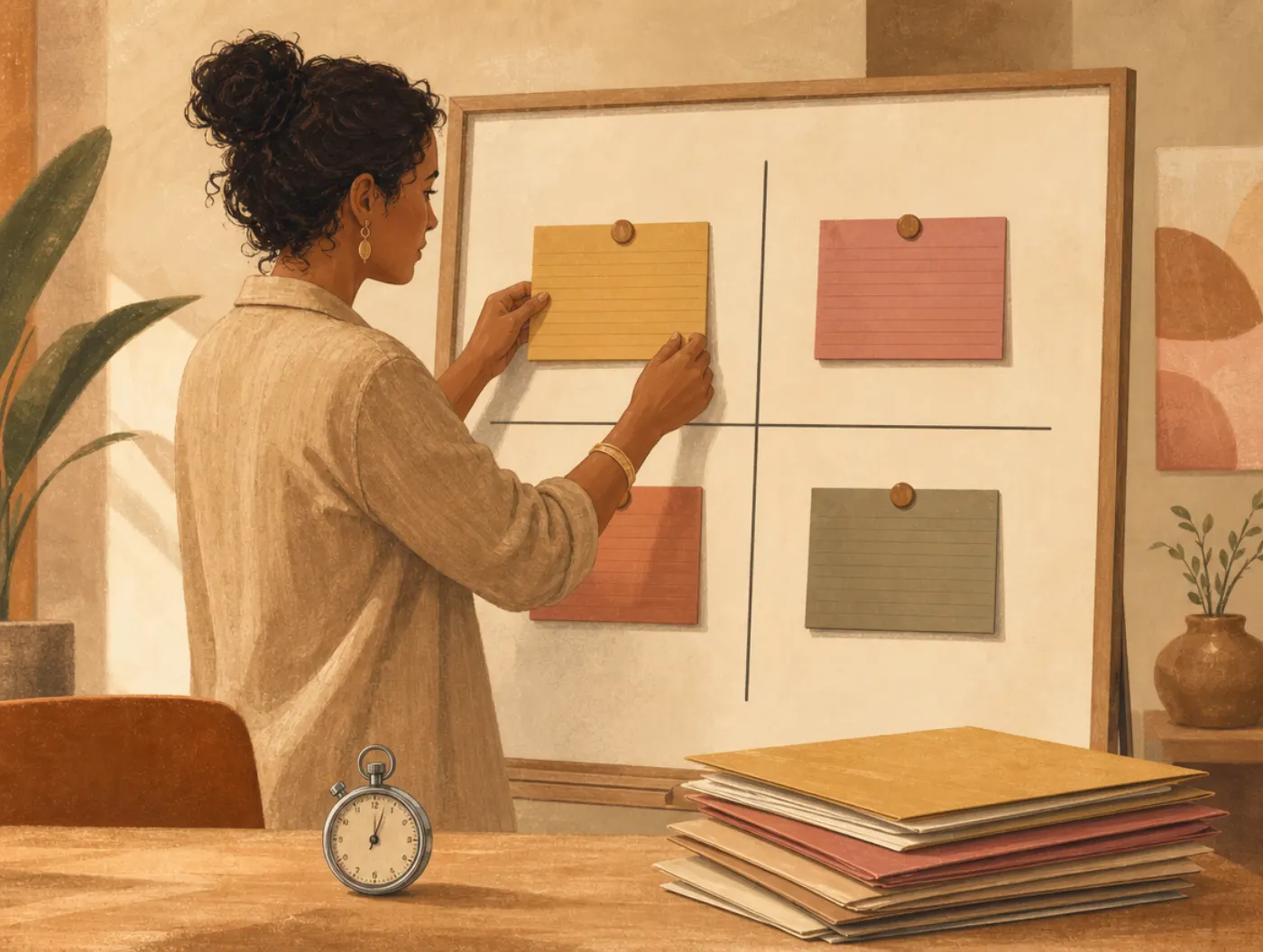 DISC Personality Test: a team lead sorting four colored index cards into quadrants on a whiteboard, project folders and