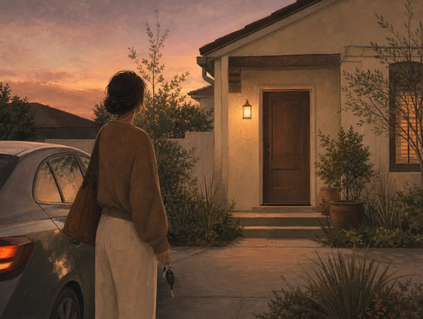 Dissociative Disorder Test: person standing by their car in the driveway, keys in hand, staring blankly at the front doo