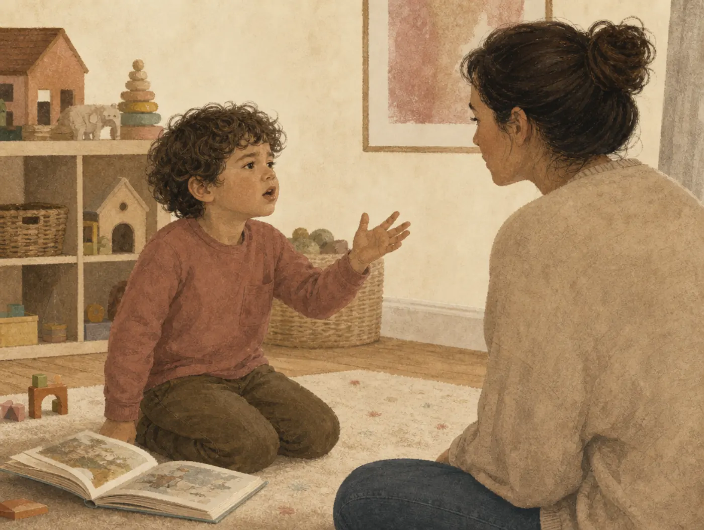 Developmental Language Disorder Test: a young child struggling mid-sentence to tell a parent about their day, picture bo