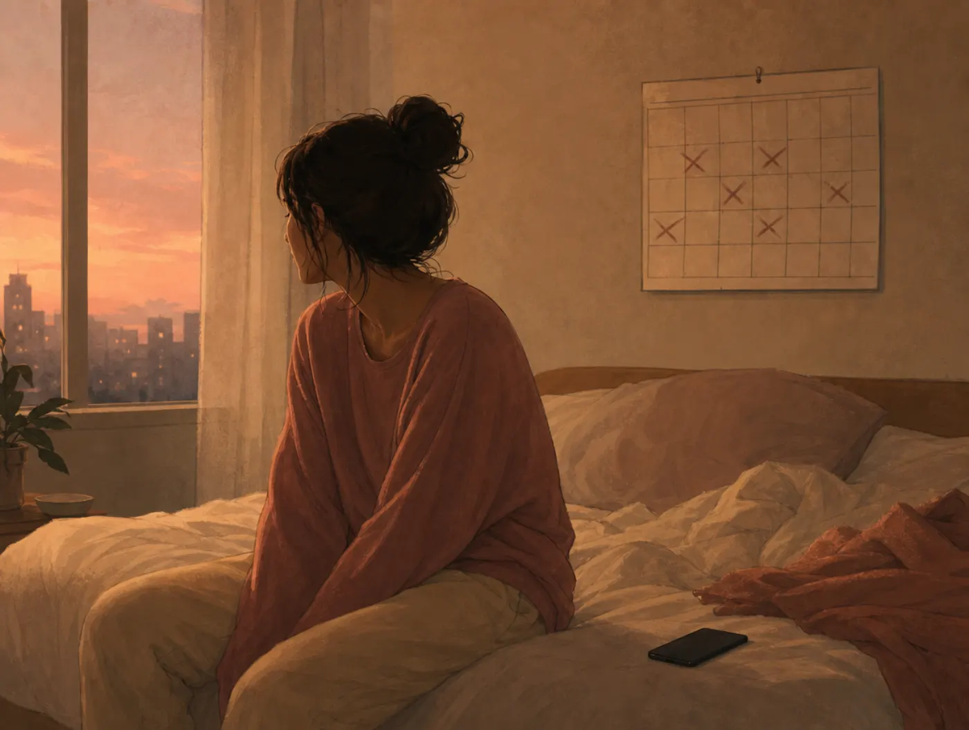 Do I Need Therapy? Quiz: a person on a bed's edge at dusk, phone face-down, calendar showing cancelled plans