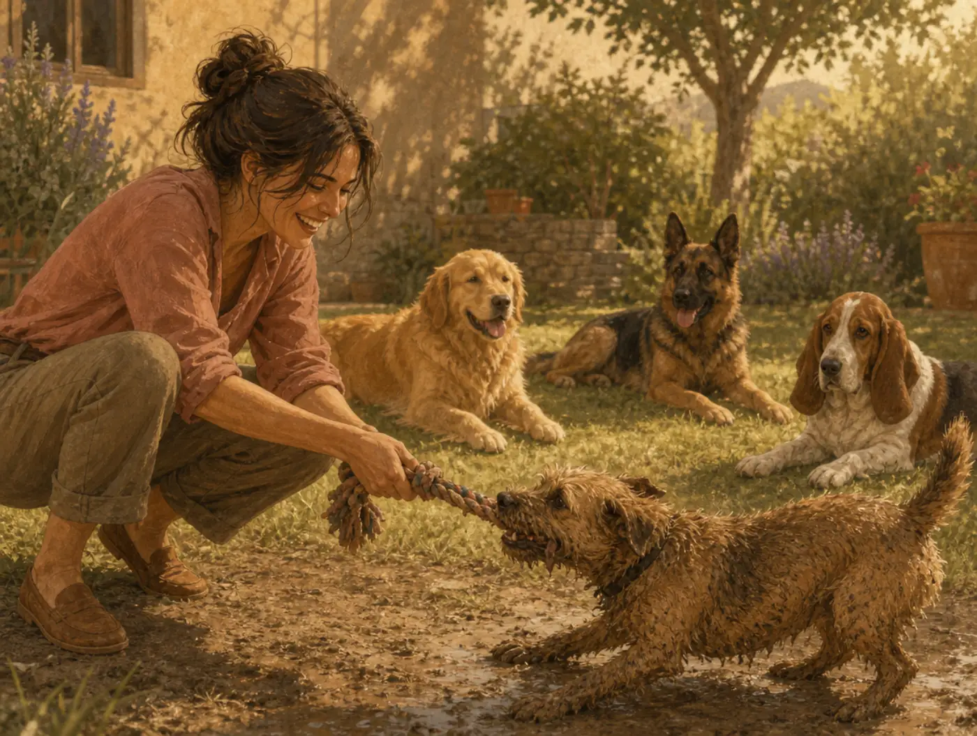 Dog Personality Test: Which Dog Are You? A woman tug-of-wars with a muddy terrier in a backyard as other dogs rest nearby.