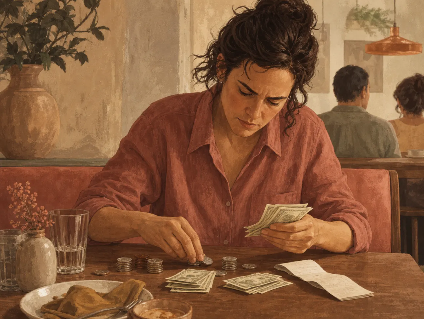Dyscalculia Test for Adults: person splitting a restaurant bill, sorting cash and coins into piles beside a receipt