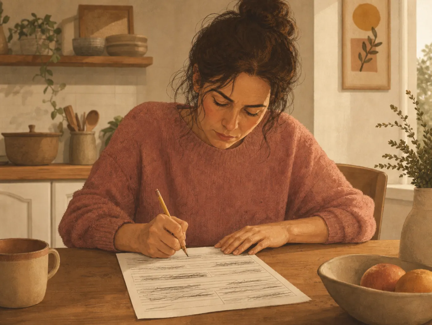 Dysgraphia Test: an adult at a table gripping a pencil, hand cramped, writing uneven and crossed-out on a paper form
