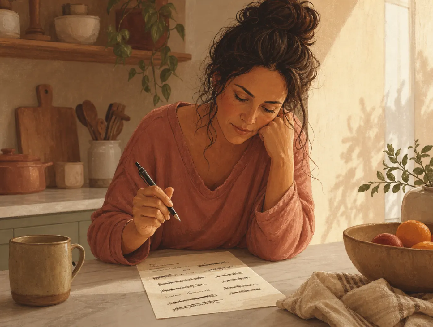 Dyslexia Test: an adult pausing mid-word over a handwritten list, letters crossed out and rewritten