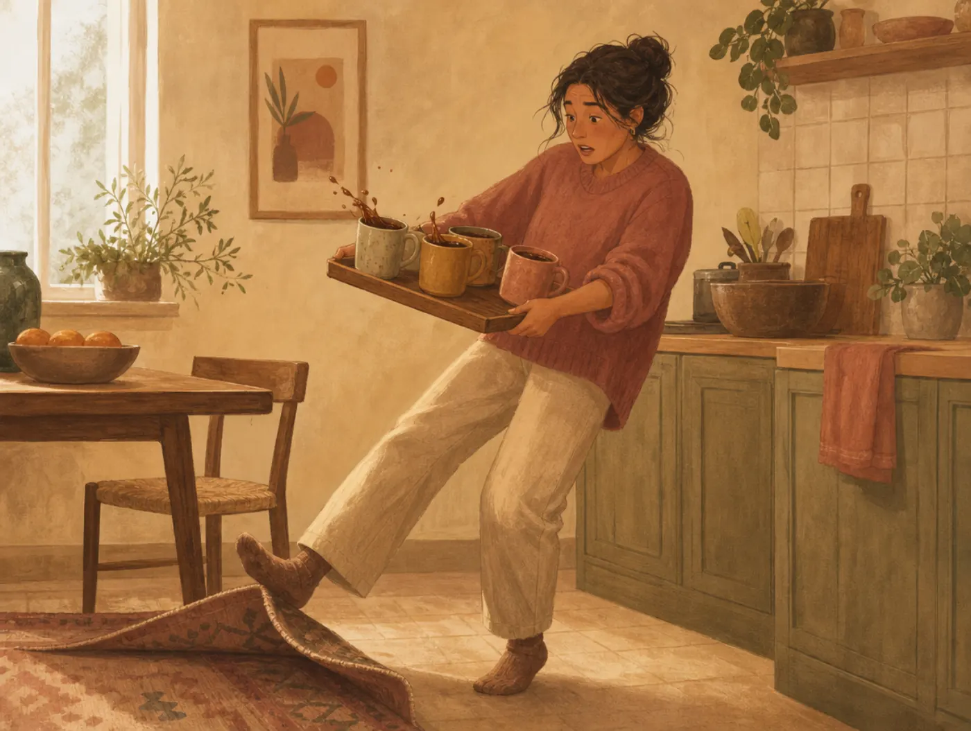 Dyspraxia Test: an adult carrying mugs on a tray catches a foot on a curled rug edge, tea sloshing