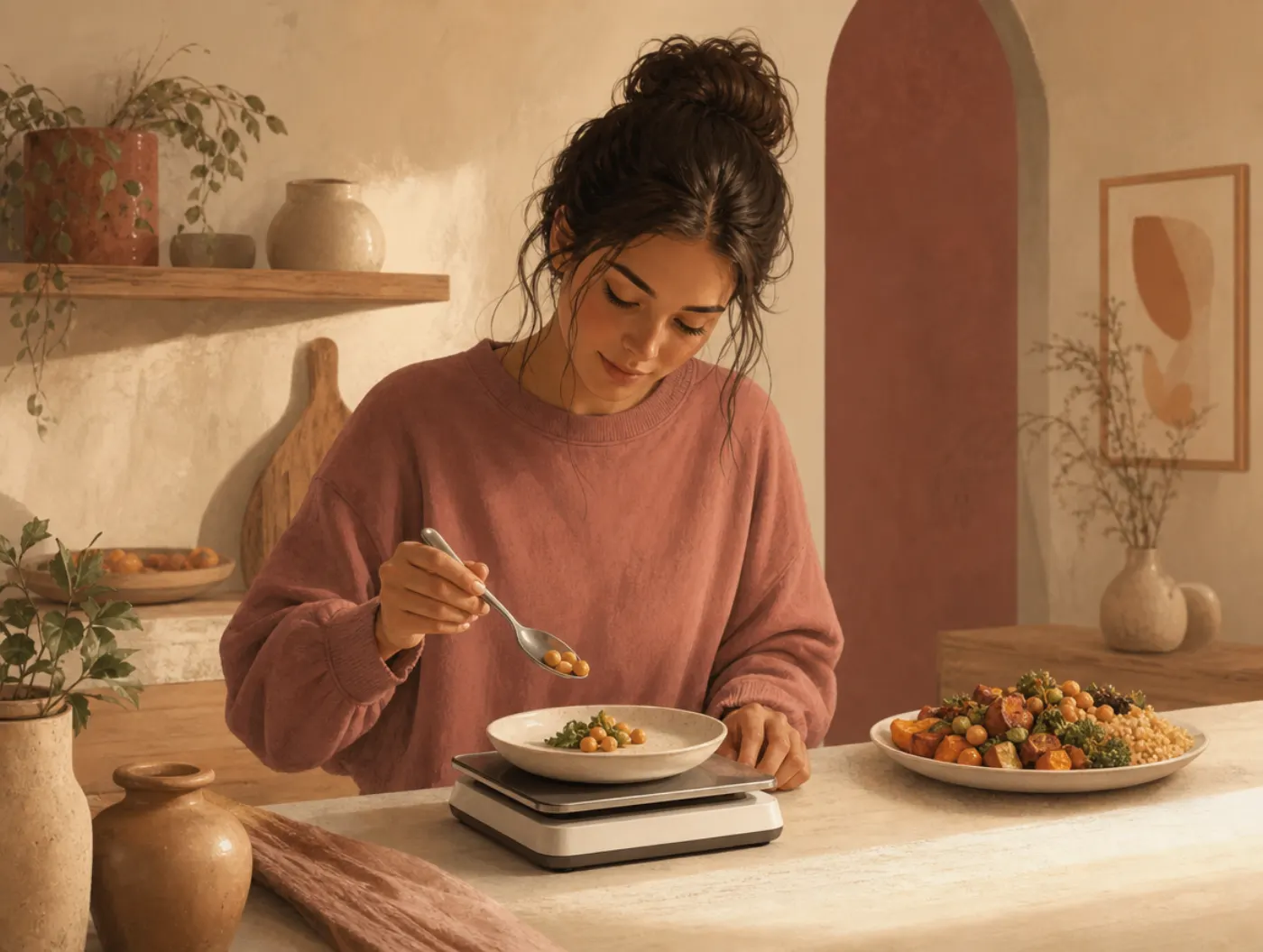 Eating Disorder Test: a woman weighing a small food portion on a kitchen scale, a fuller plate pushed aside untouched