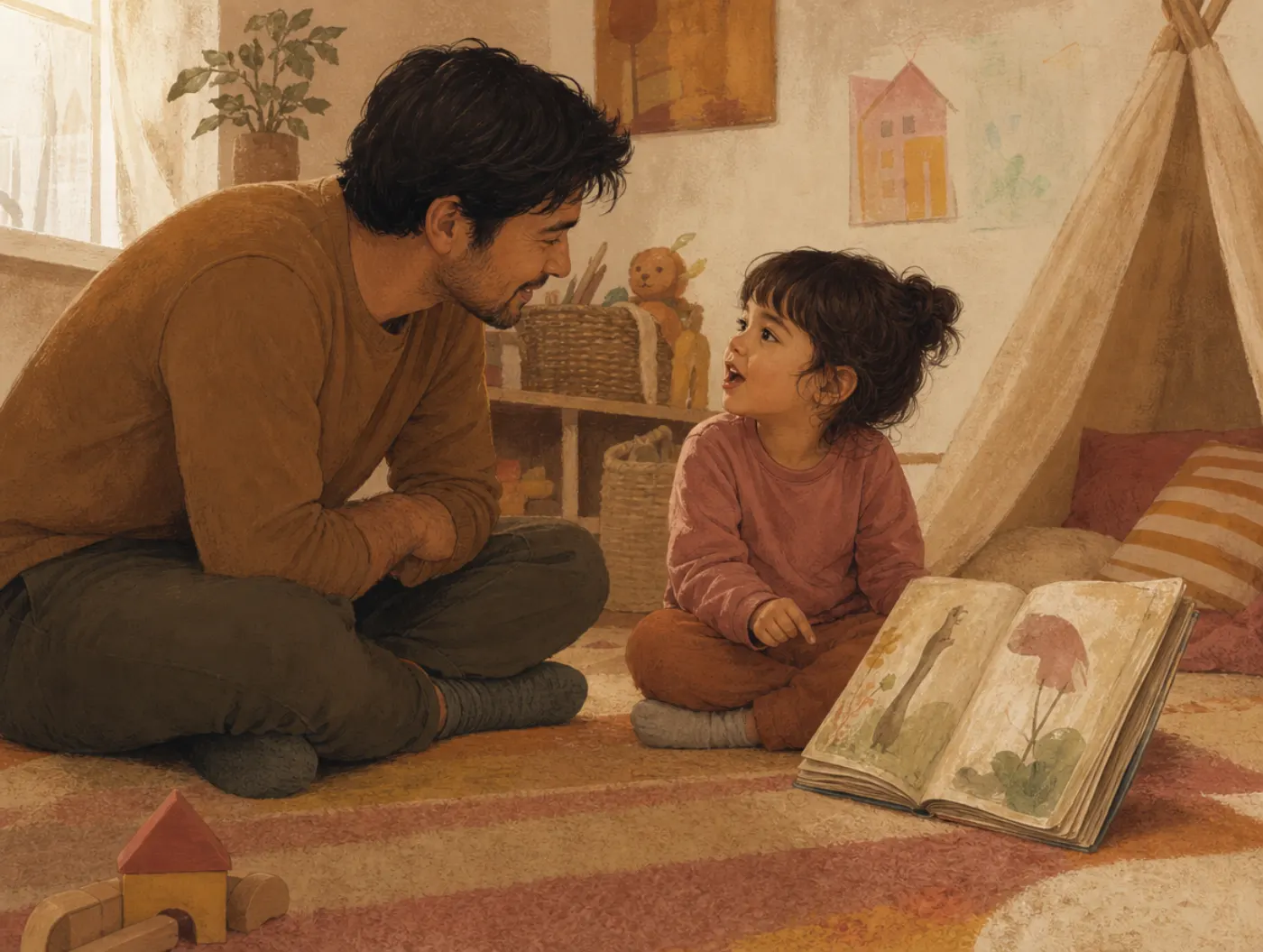 Echolalia Test: parent kneeling with child on a playroom rug as the child recites a line from a worn, dog-eared picture