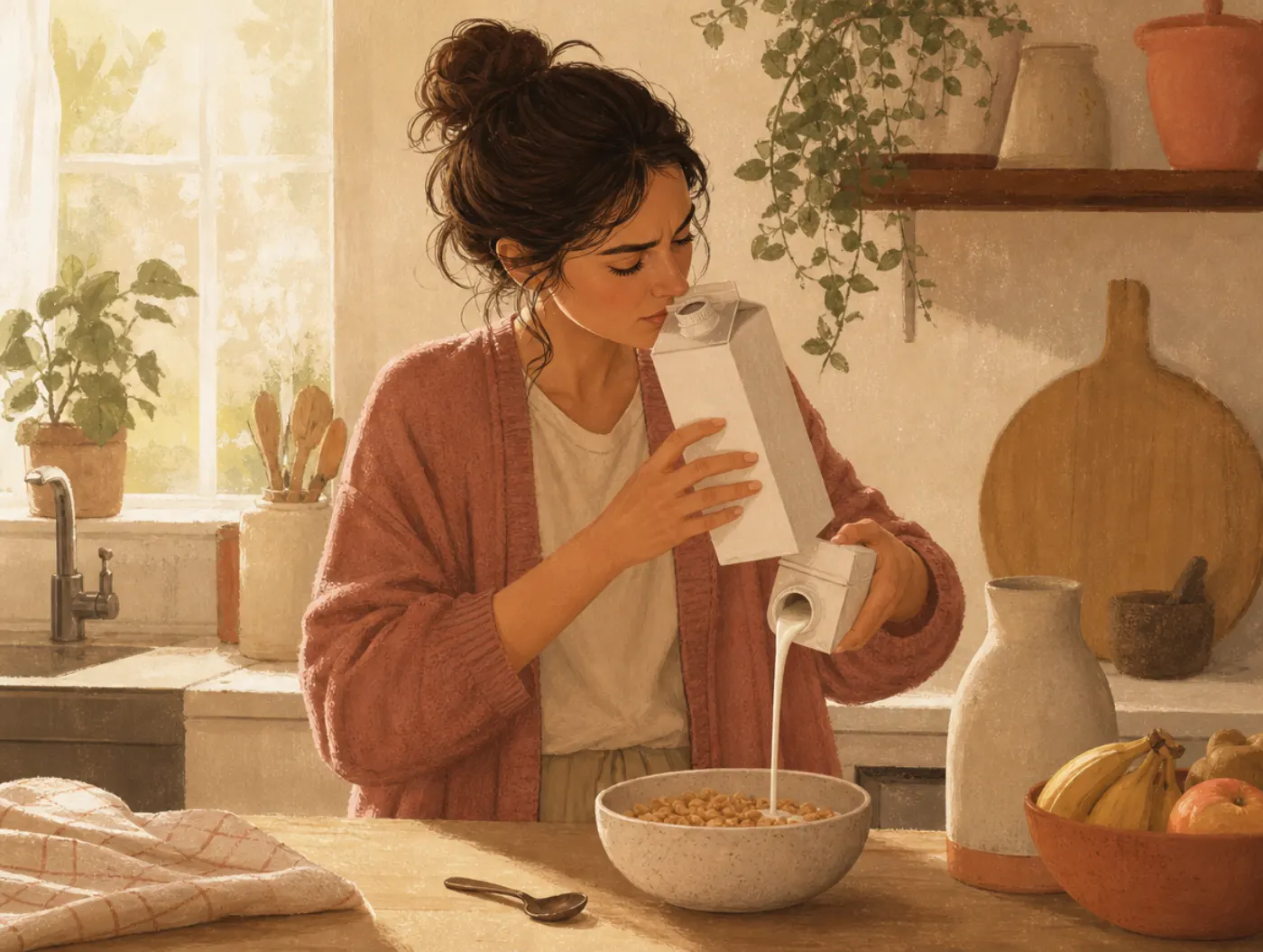 Emetophobia Test: a person smelling and checking the expiration date on a milk carton before eating breakfast