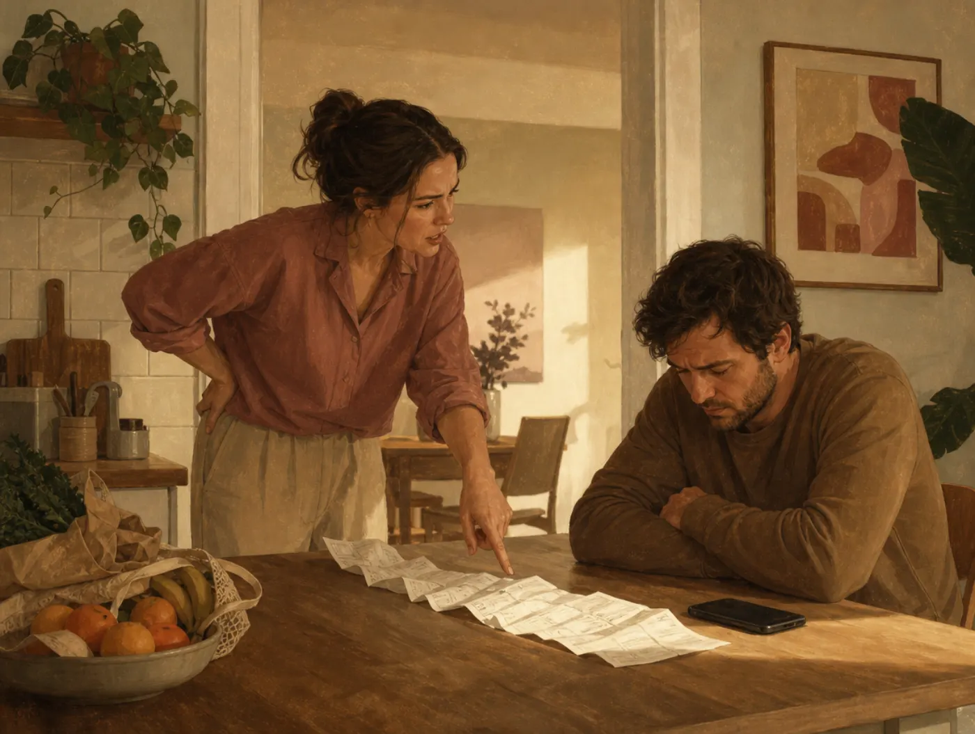 Emotional Abuse Test: a partner pointing at a grocery receipt on the counter while the other sits hunched with eyes down