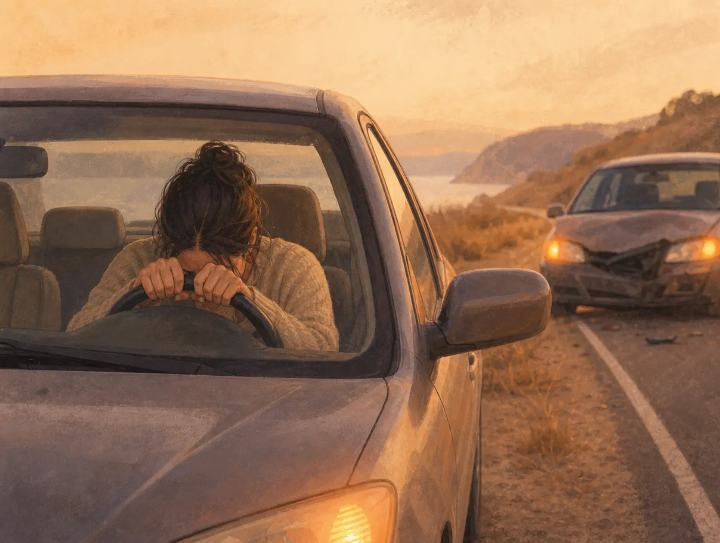 Emotional Dysregulation Test: a driver gripping the wheel, pulled over with hazard lights blinking