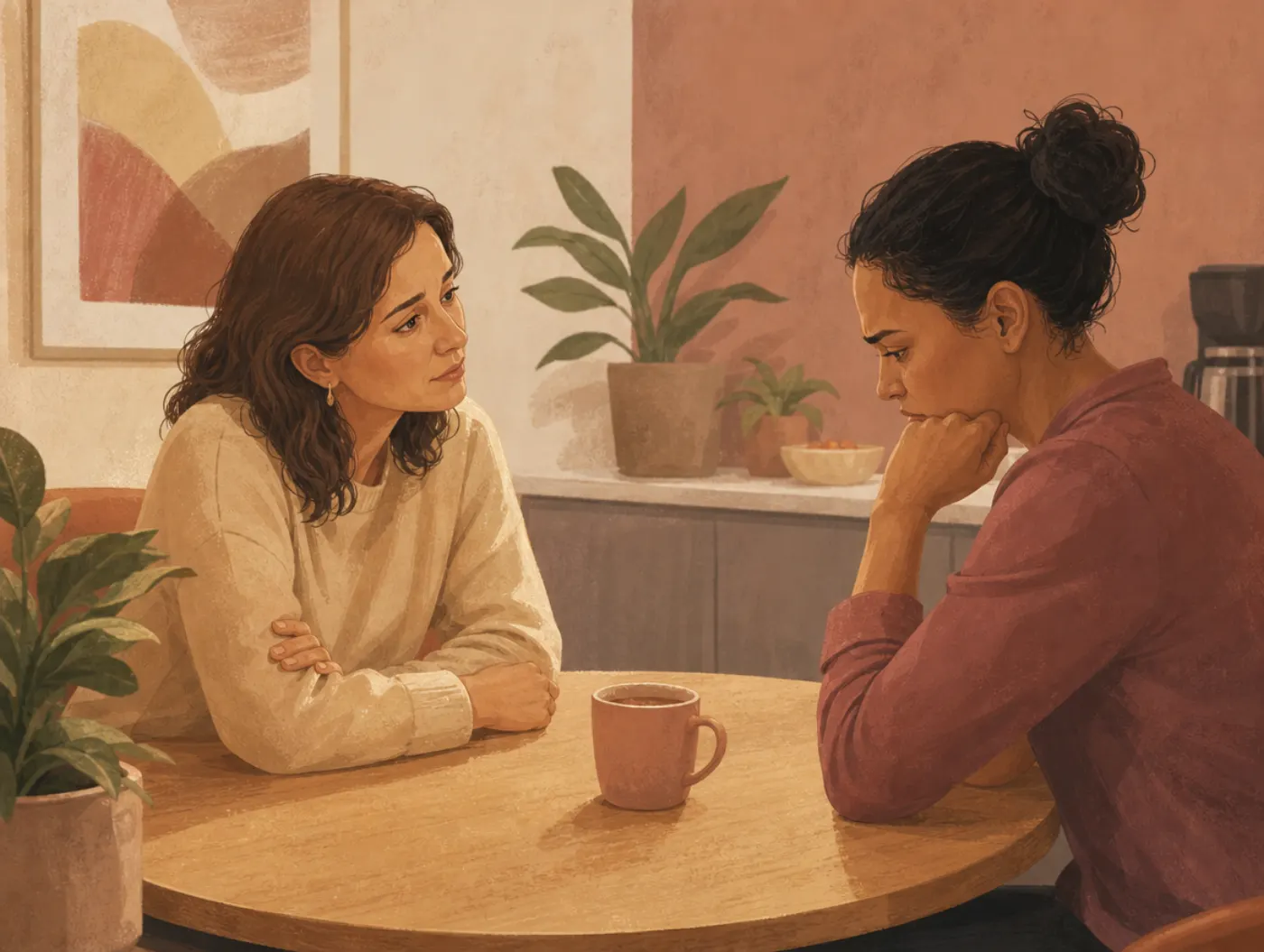 Emotional Intelligence Test: a supervisor listening calmly to an upset coworker, tea untouched between them