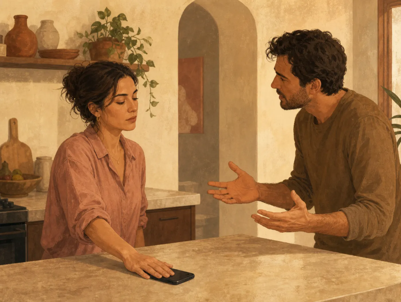 Emotional Maturity Test: two adults pausing mid-argument, hand on a face-down phone before responding calmly