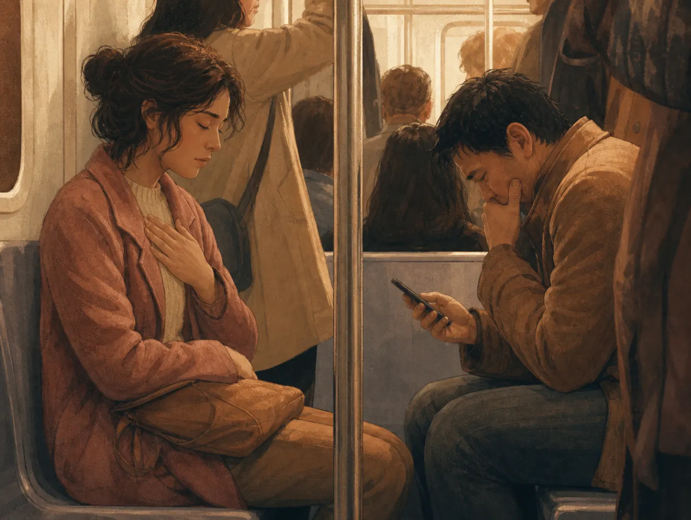 Empath Test: a subway rider with hand on chest, unconsciously mirroring a tense stranger's posture nearby