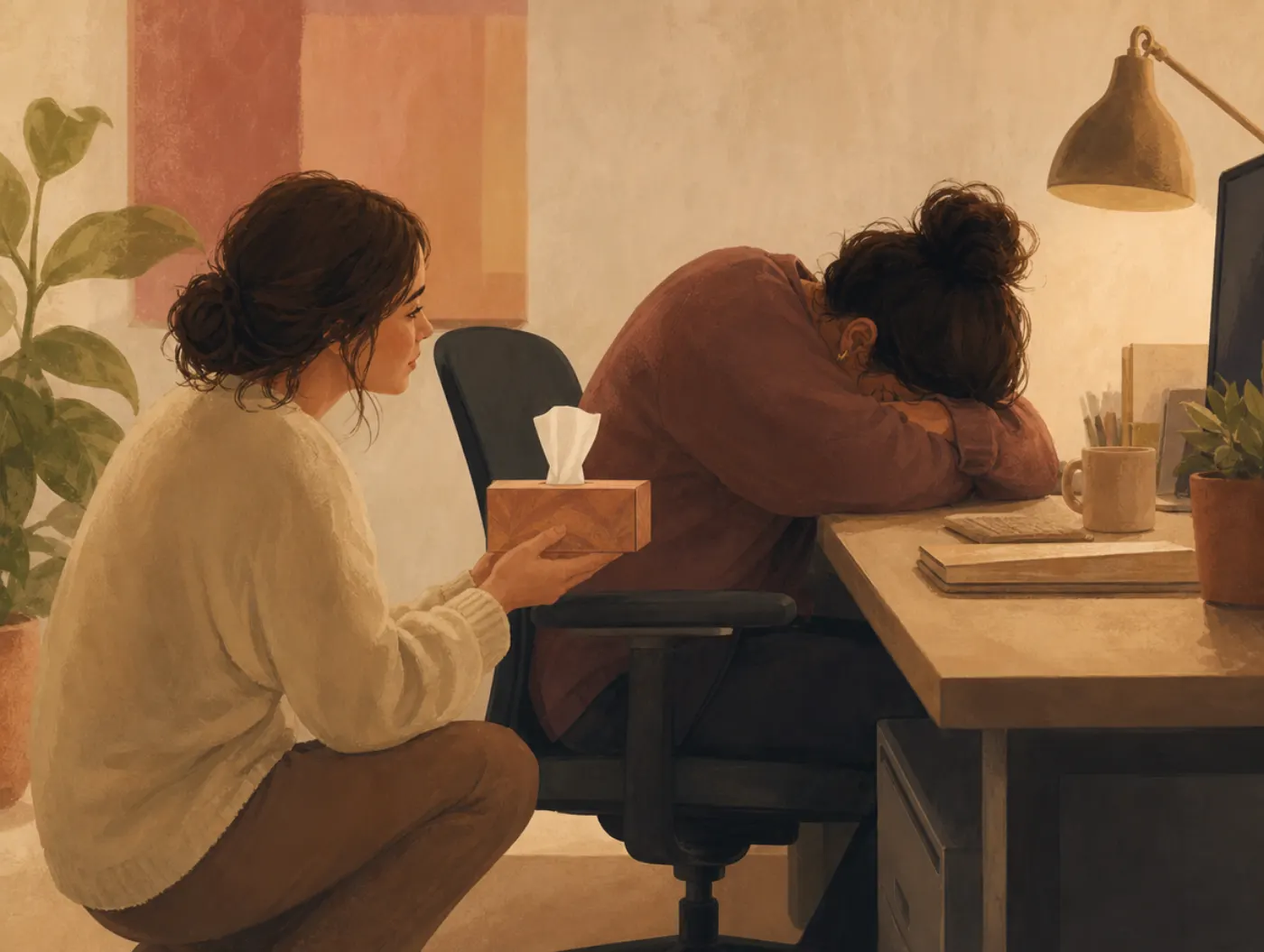 Empathy Test: a friend kneeling beside a slumped coworker, mirroring their posture and offering tissues