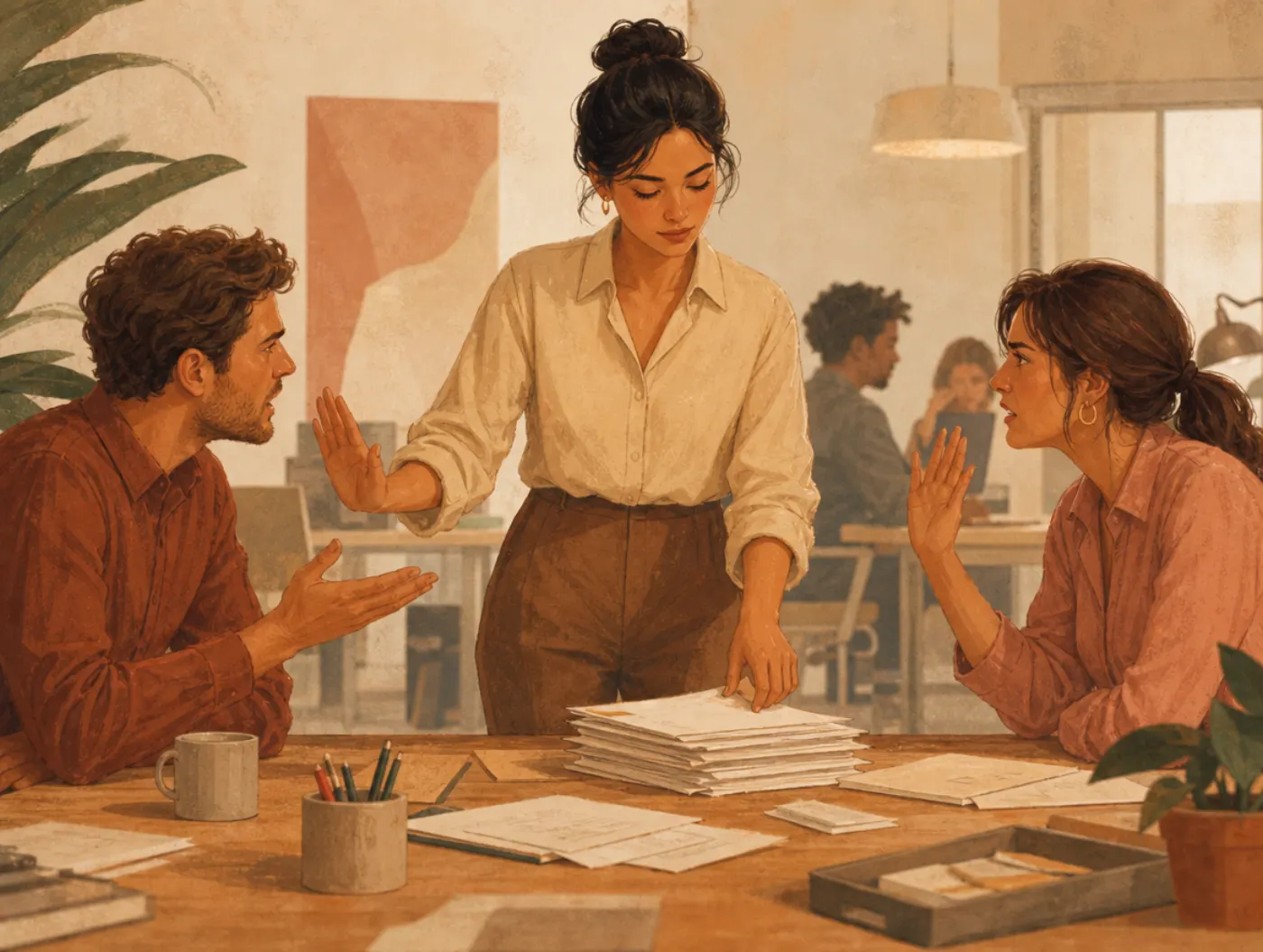 Enneagram Test: a coworker calmly stepping between two arguing colleagues, palms raised, straightening a knocked-over st