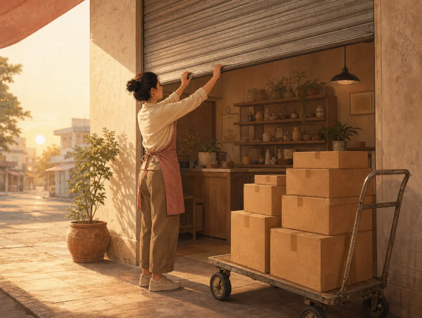 Entrepreneur Test: Do You Have the Traits?: rolling up a shop's shutter at dawn with a cart of inventory boxes