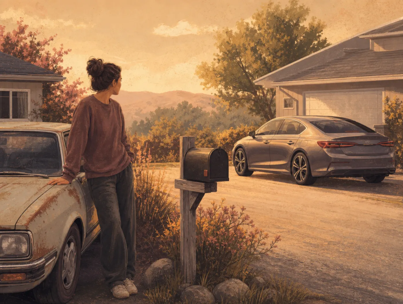Envy Test: Benign vs Malicious Envy: person at their mailbox staring at a neighbor's shiny new car next door