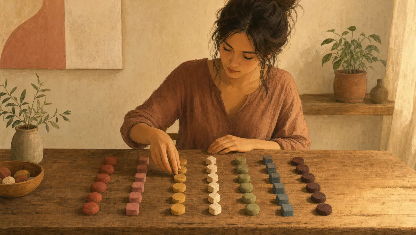 Executive Function Test: Person arranging objects in rows on a table, showing task organization and planning