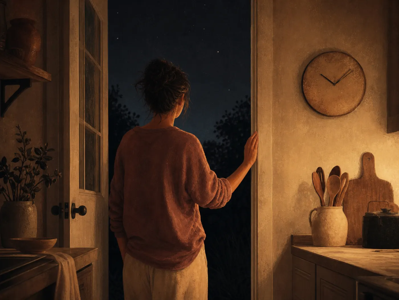 Existential Crisis Test: an adult stands at an open back door at night, gazing at the dark sky, hand on the frame