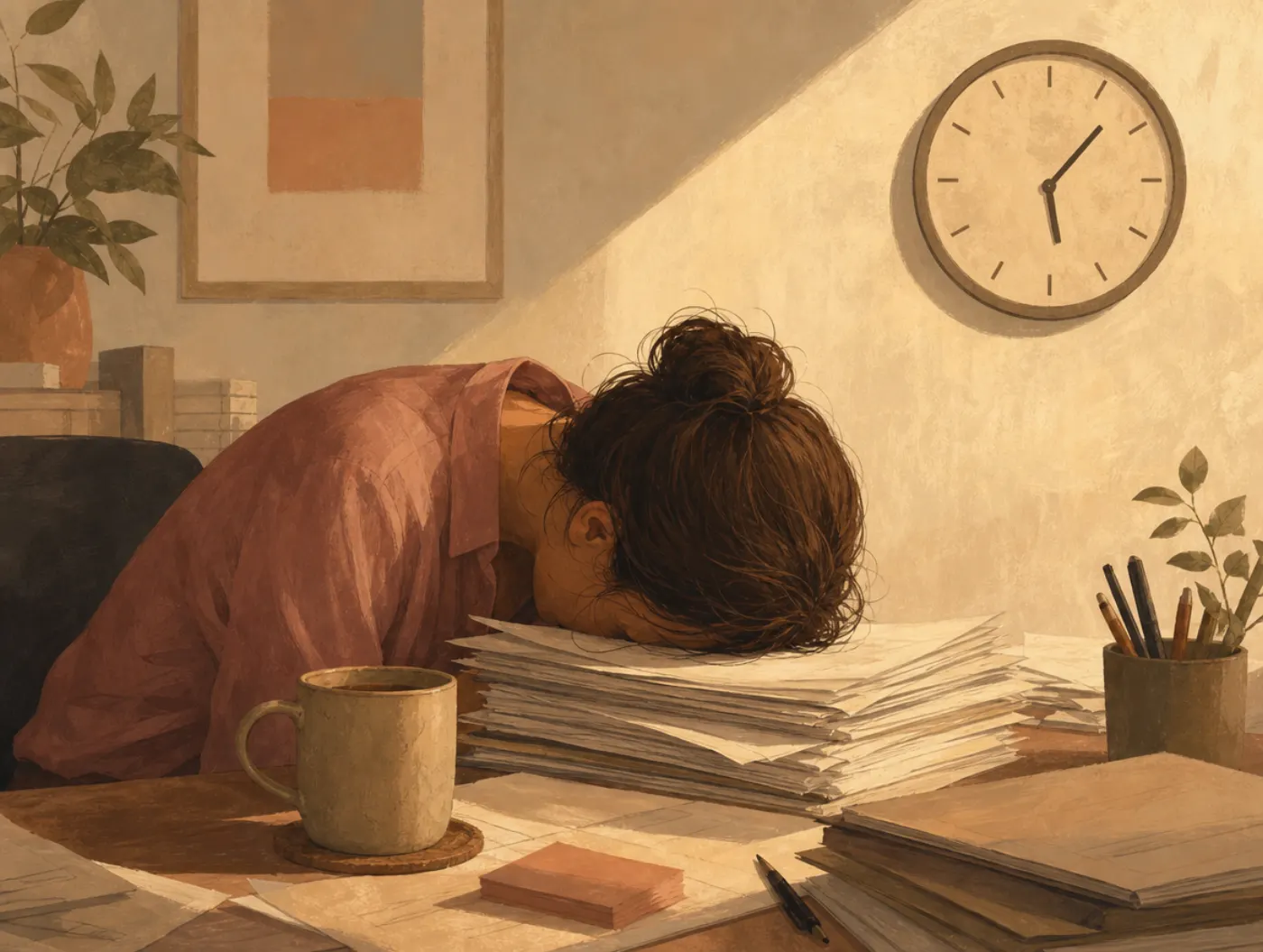 Fatigue Test: an adult slumped over unfinished paperwork at their desk, cold coffee untouched, afternoon clock on the wa
