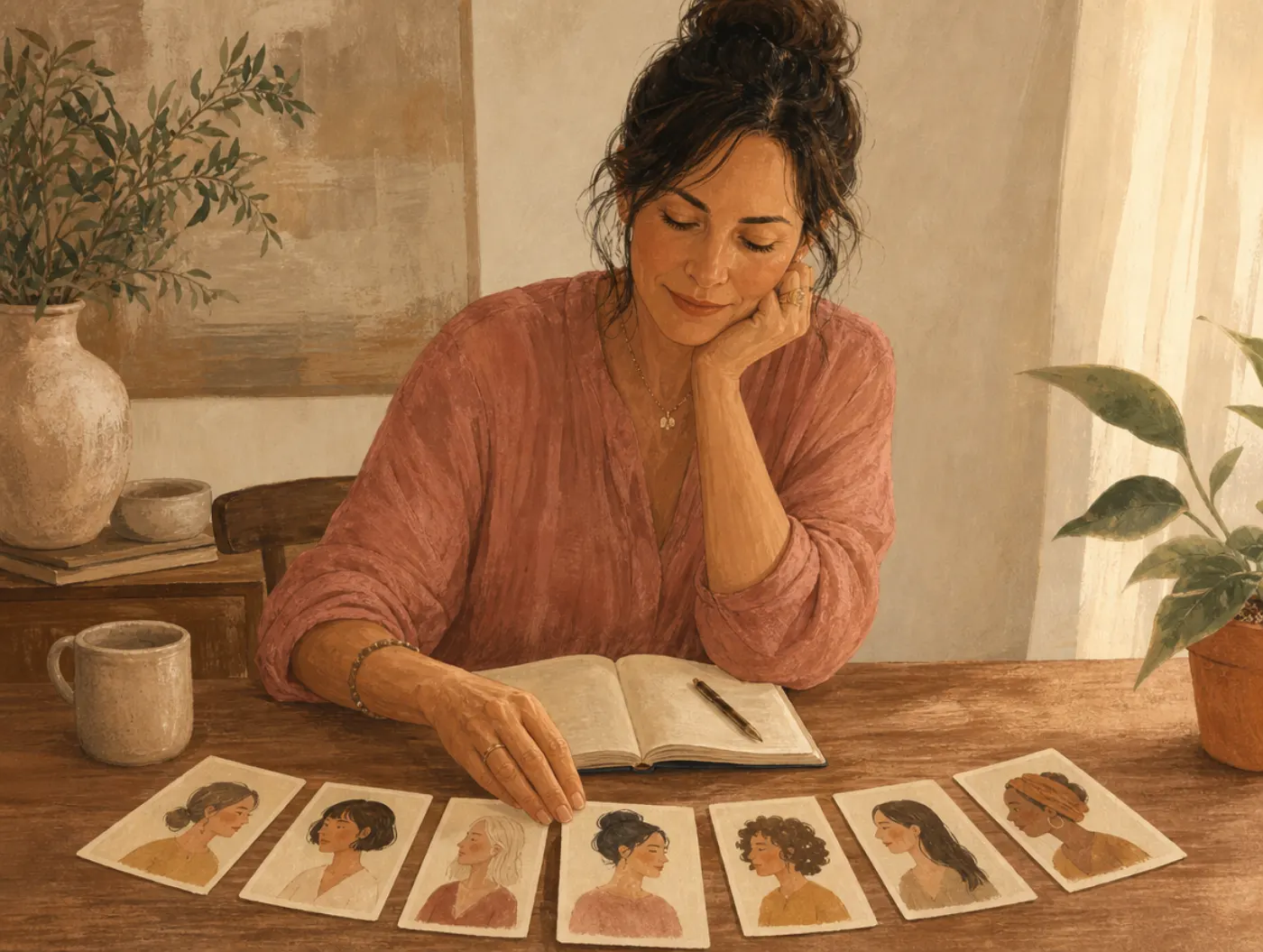 Female Archetype Test: an adult arranging seven handwritten name cards in a fan on a table, choosing one to place closes