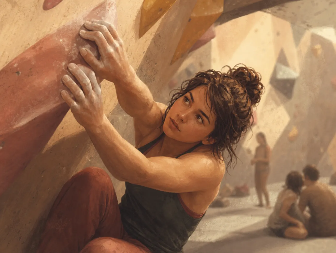 Flow State Test: a rock climber, chalk-dusted hands on the wall, completely absorbed in reaching the next hold