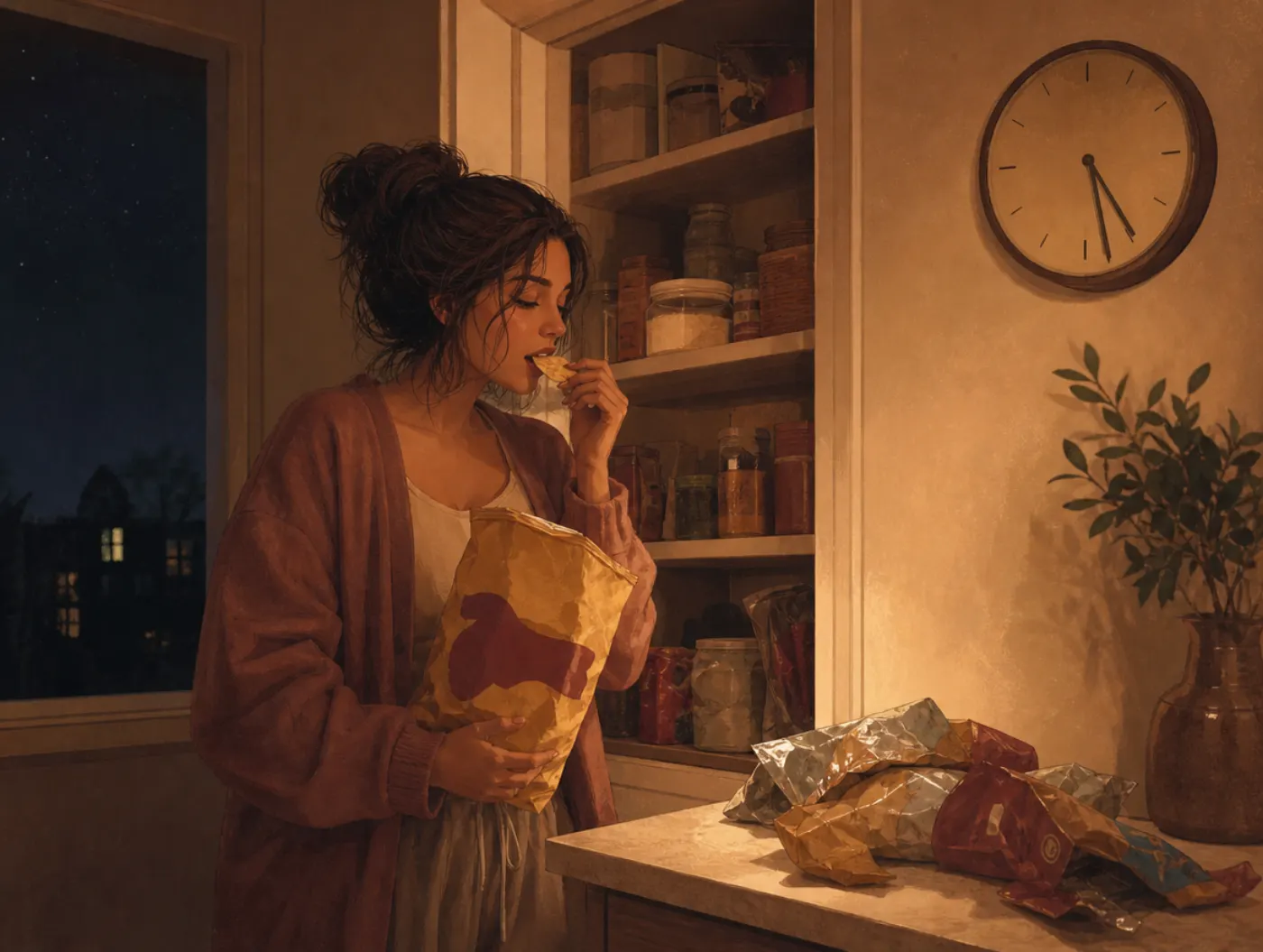 Food Addiction Test: eating from a chip bag at an open pantry at night, empty wrappers on the counter