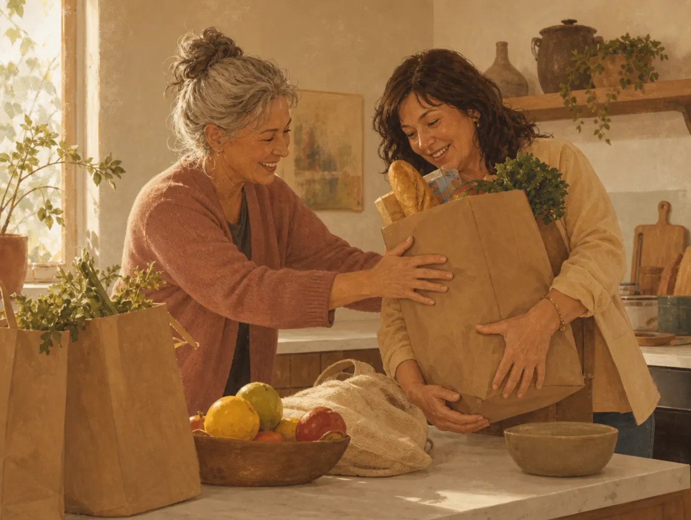 Friendship Quiz: What Kind of Friend Are You?: two friends unpacking groceries, one steadying a bag slipping from the ot