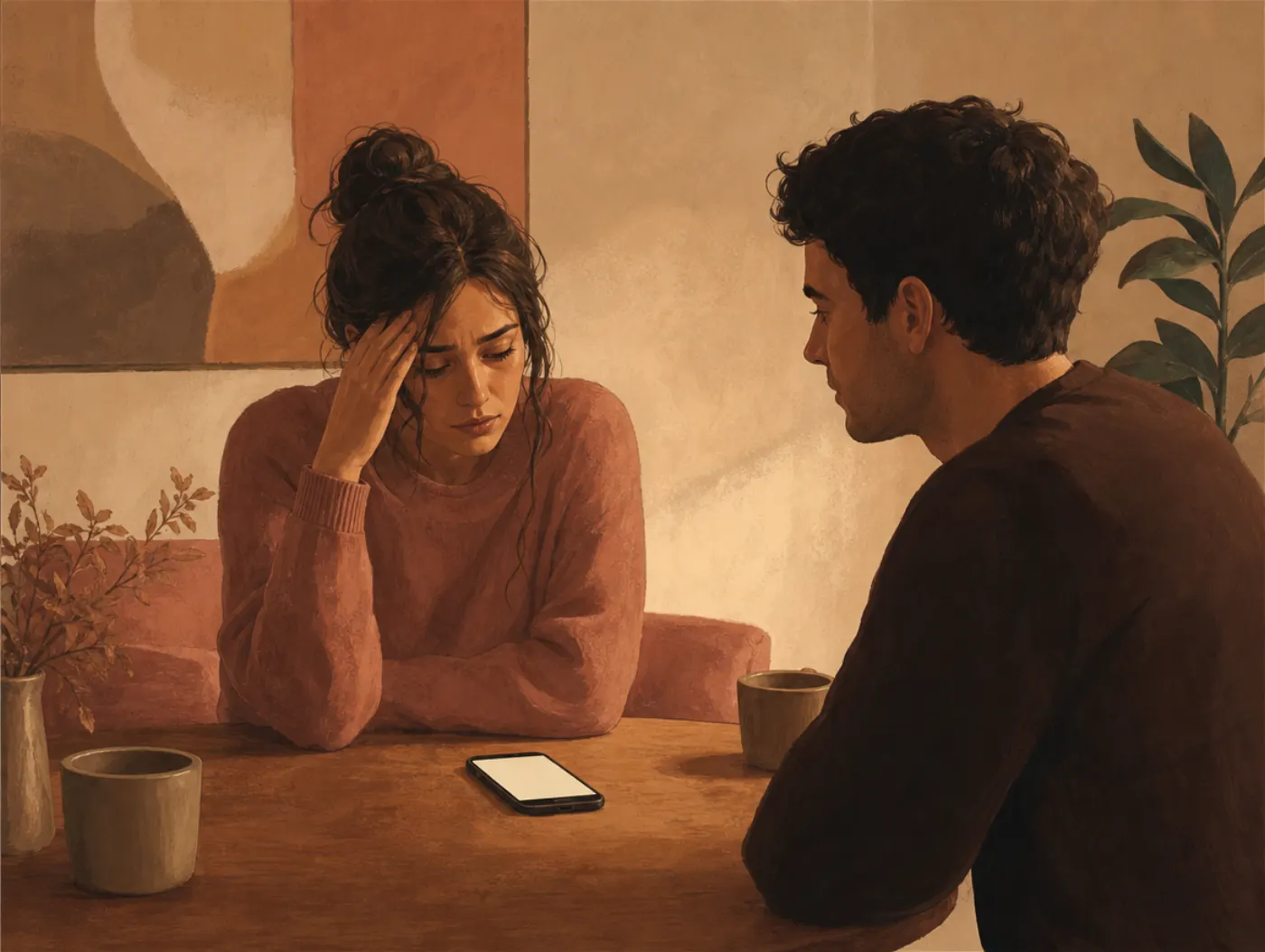 Am I Being Gaslighted? Test: two people sit across a table after an argument, one holding a hand to their temple while the other appears calm.