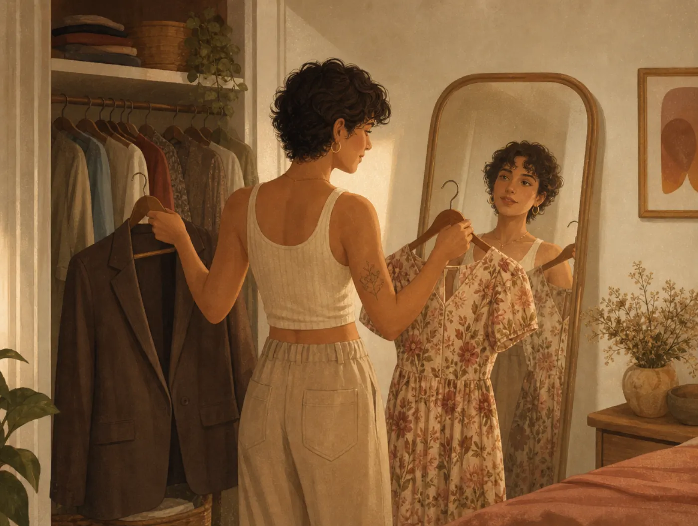 Gender Identity Test: a person holds a suit jacket and a floral dress before a full-length mirror