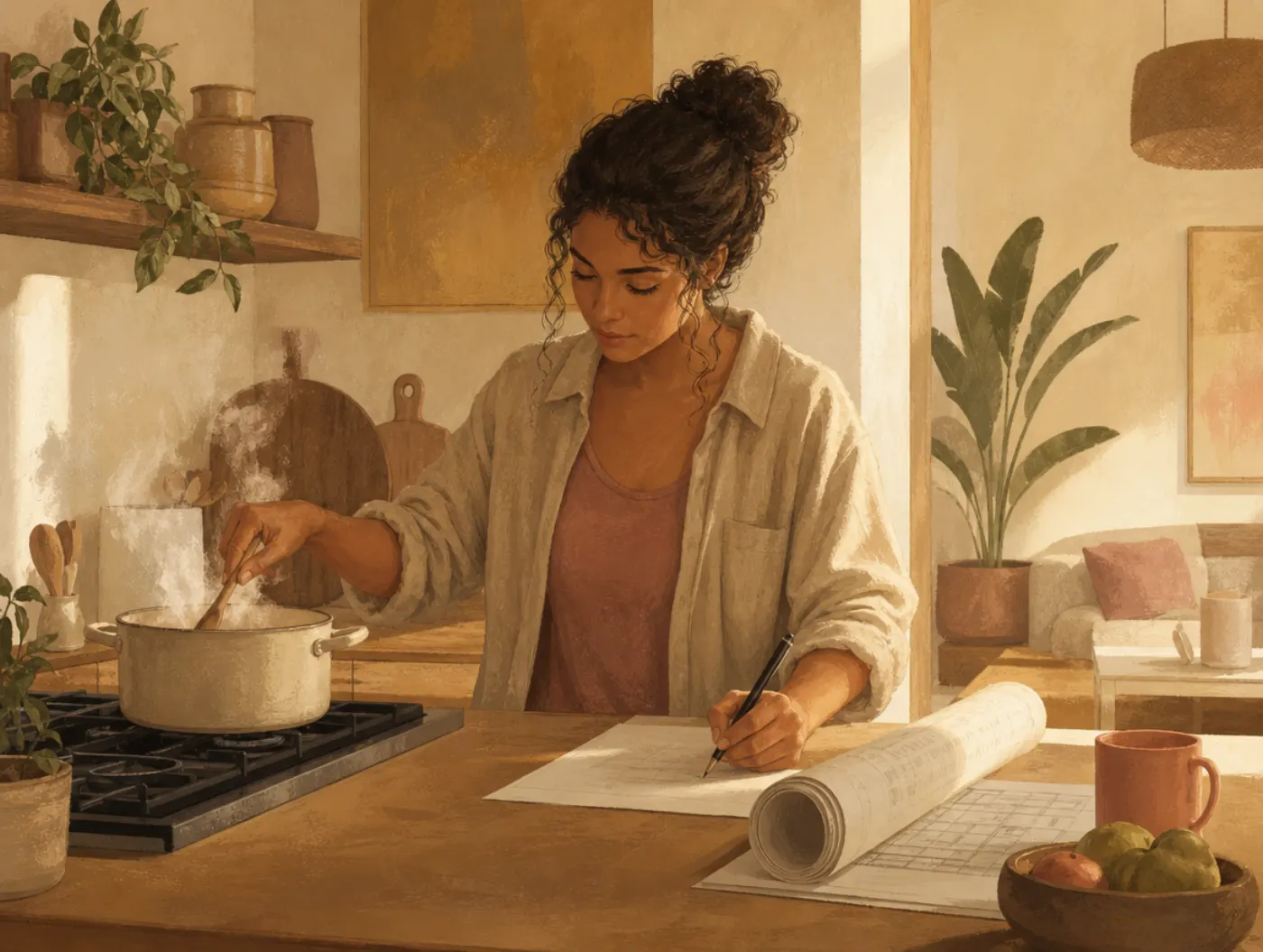 Gender Role Test: a parent stirring dinner while signing a work contract beside a blueprint