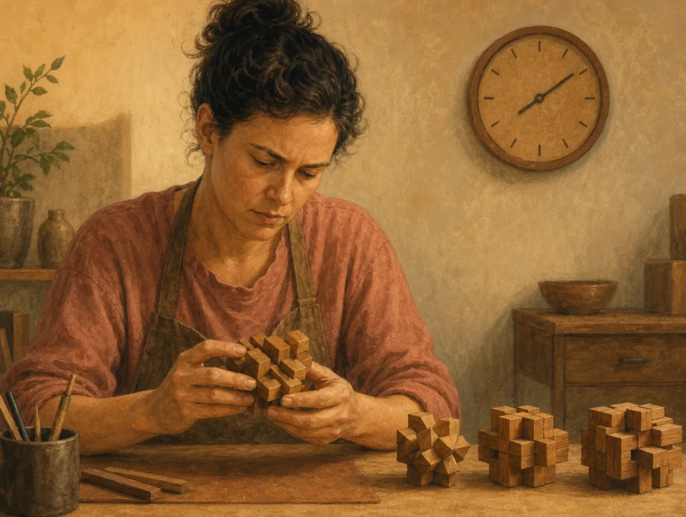 Genius Test: an adult studying a wooden interlocking burr puzzle in both hands, a wall clock behind them
