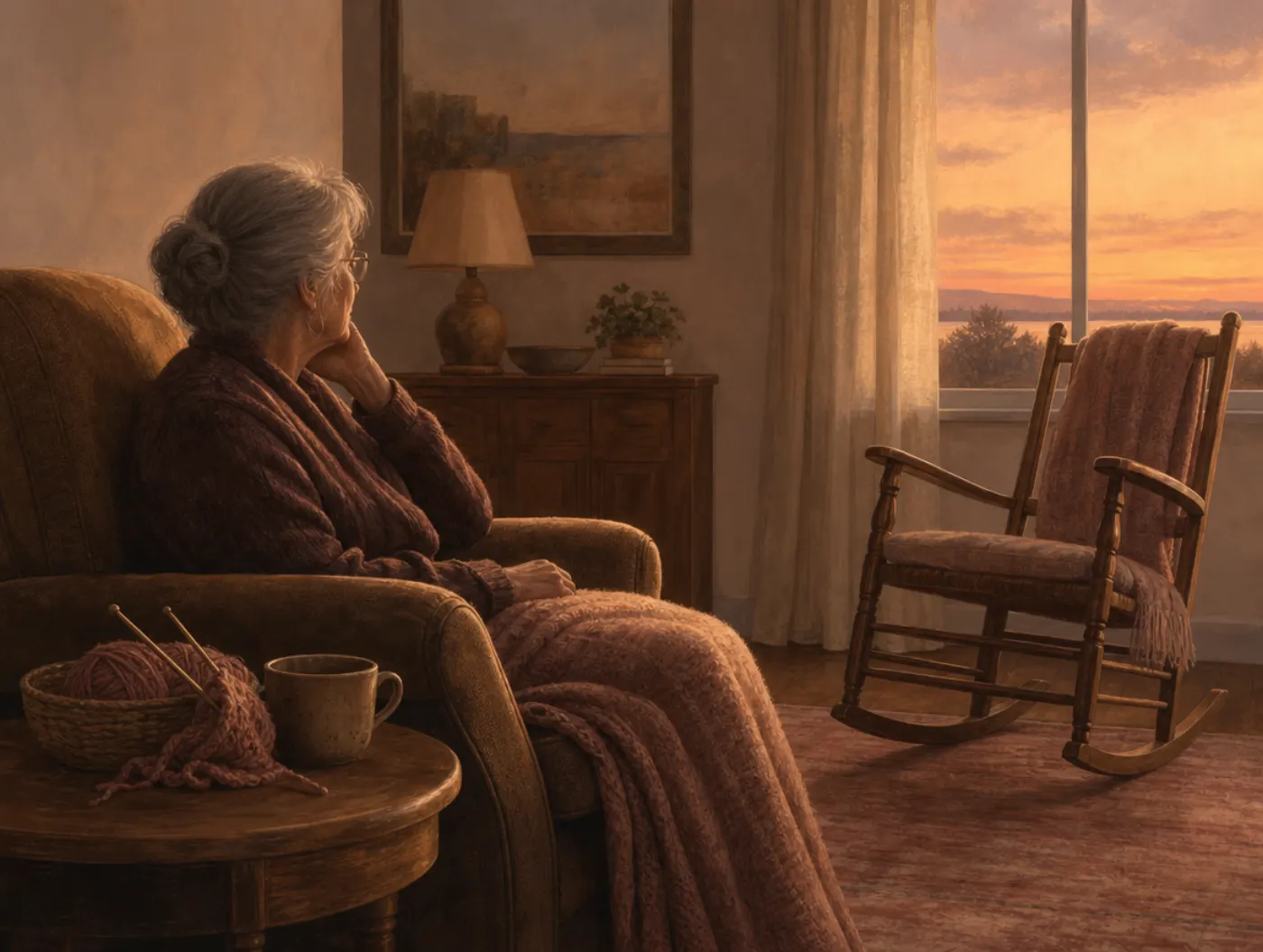 Geriatric Depression Scale: an older adult sits alone beside untouched knitting, gazing at an empty chair