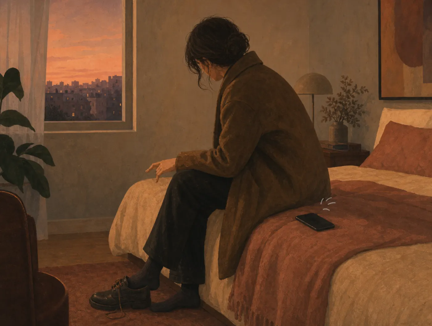 Ghosting Quiz: Do You Ghost, and Why?: a person on a bed edge, coat on, ignoring a buzzing face-down phone