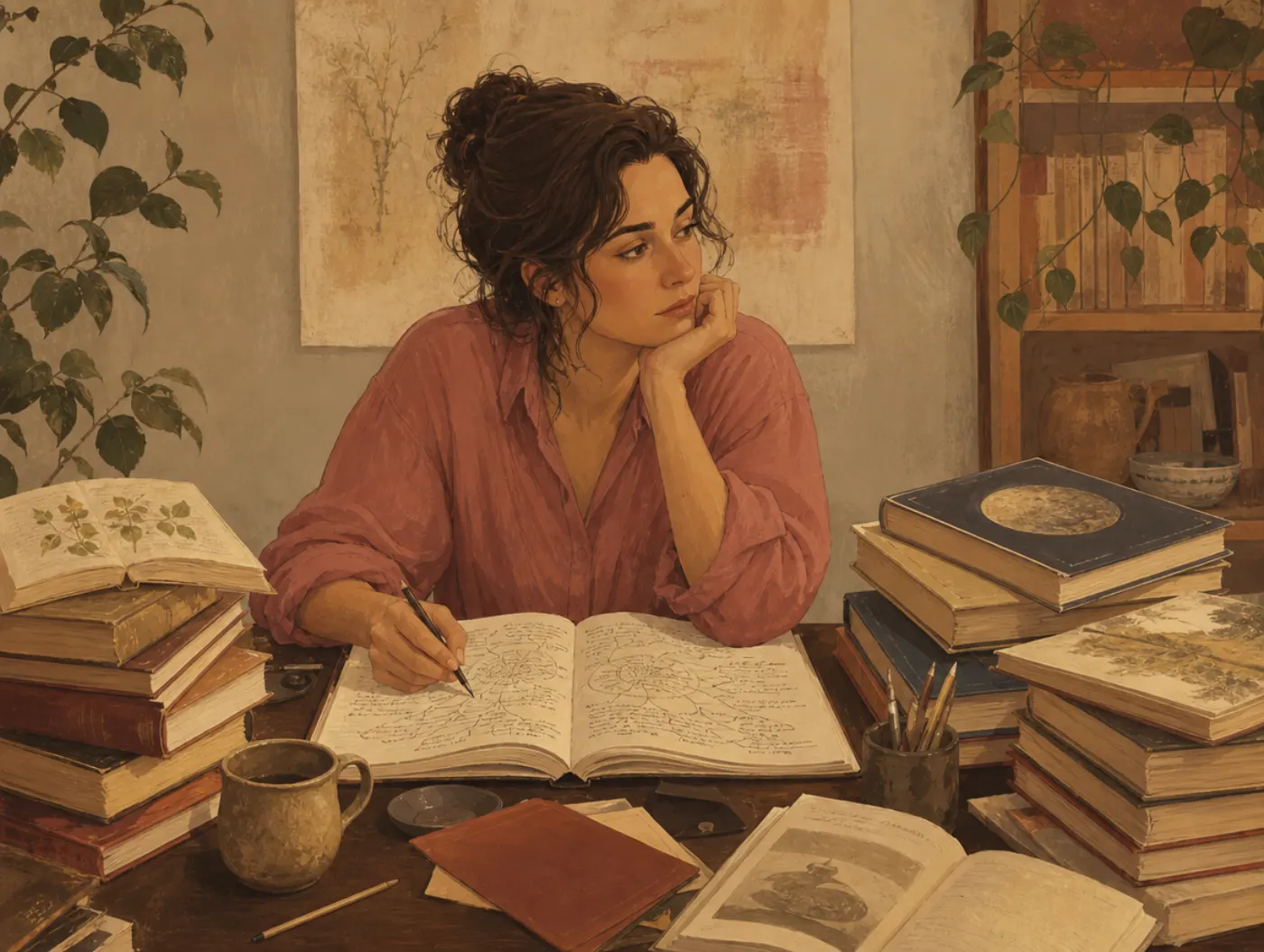 Giftedness Test: an adult surrounded by stacked library books on different topics, pausing over a notebook filled with d
