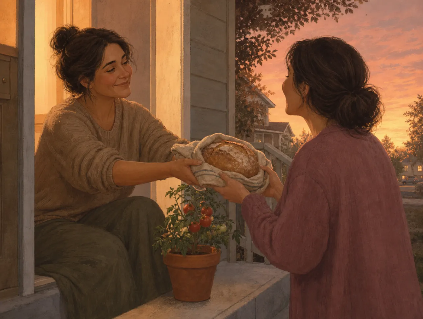 Gratitude Test: a woman on a porch step smiles as she hands a neighbor a cloth-wrapped loaf of bread