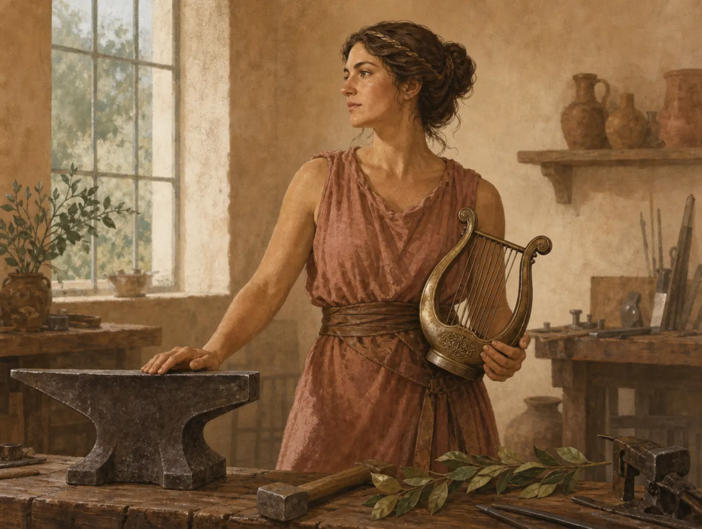 Greek God Quiz: Which God Archetype Leads in You: a woman at a workbench between an anvil, a bronze lyre and a hammer
