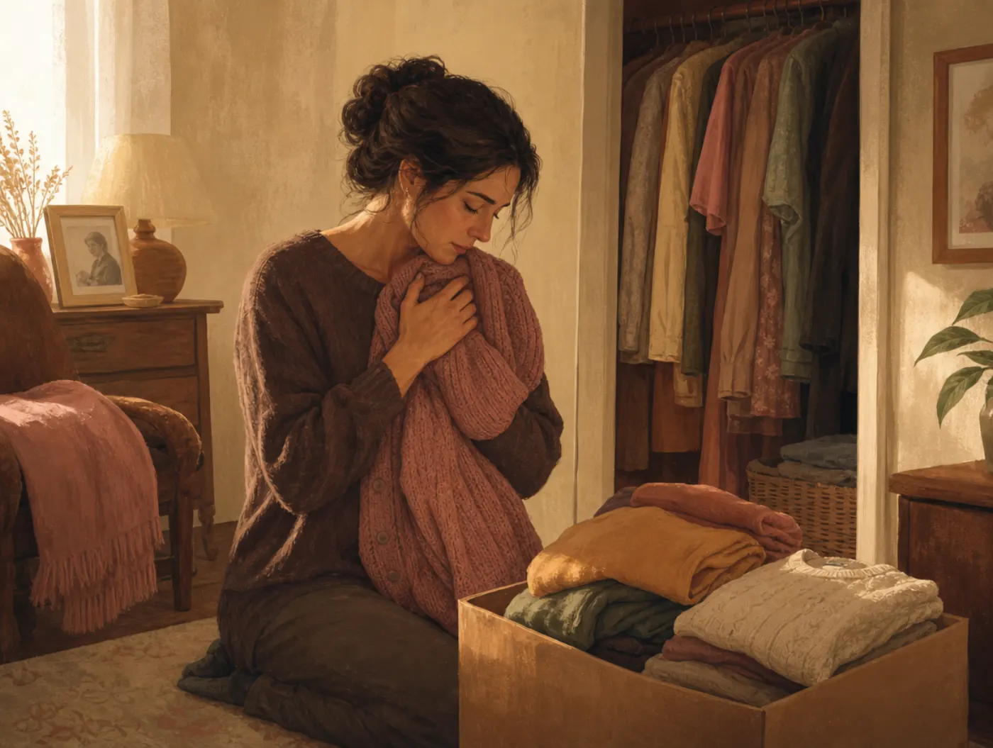 Grief Test: an adult holding a loved one's worn cardigan while folding their clothes into a box