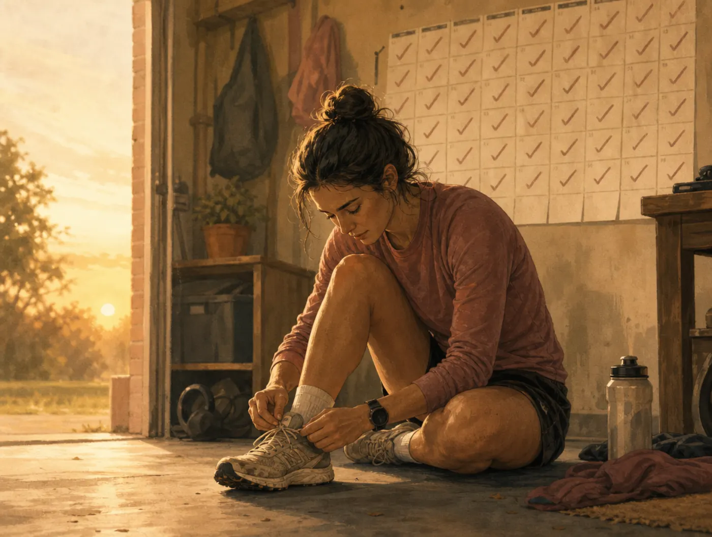 Grit Test: a runner lacing worn shoes at dawn, a months-long training calendar checked off on the wall behind them