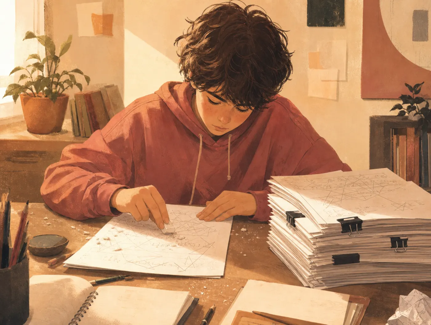 Growth Mindset Test: teen at a desk erasing a wrong answer on a worksheet full of crossed-out attempts and redone drafts