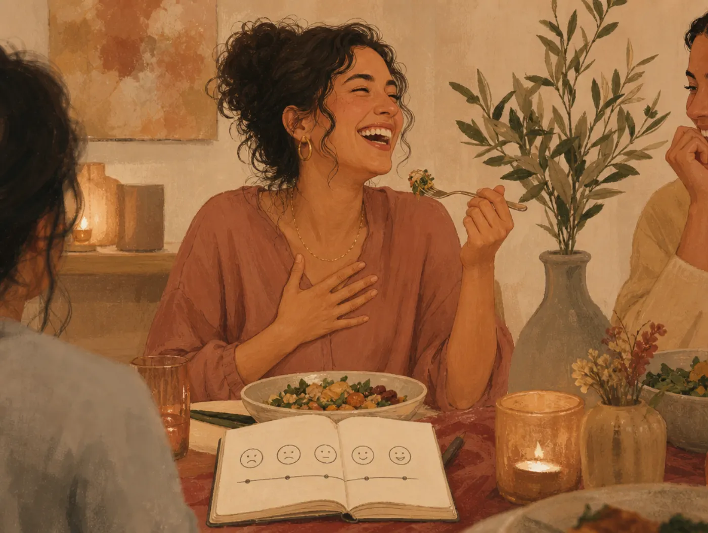Happiness Test: person laughing at a shared meal, hand on chest, a journal with a simple rating scale beside their plate