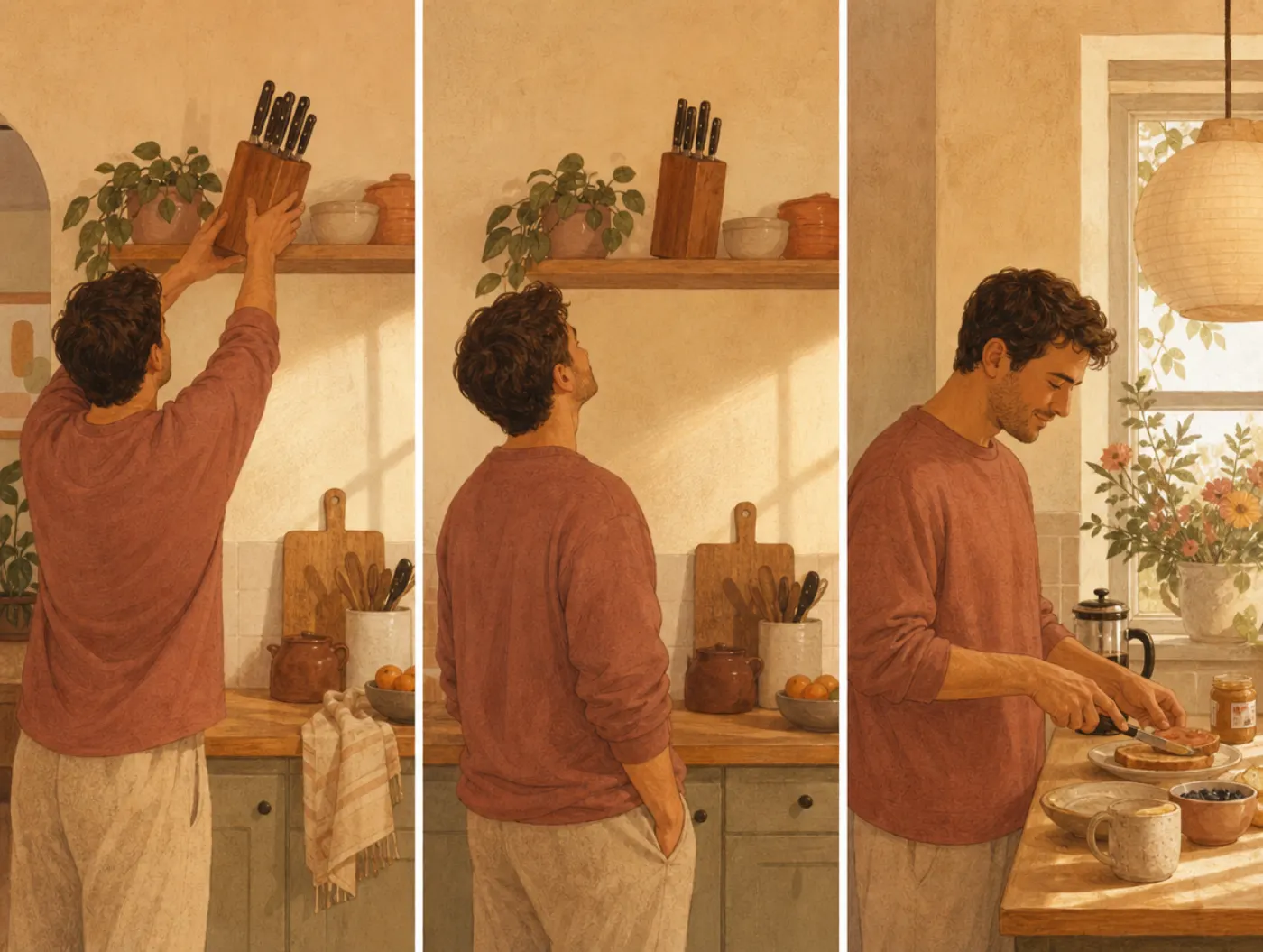 Harm OCD Test: a parent sliding a kitchen knife block onto a high shelf, glancing back before making breakfast