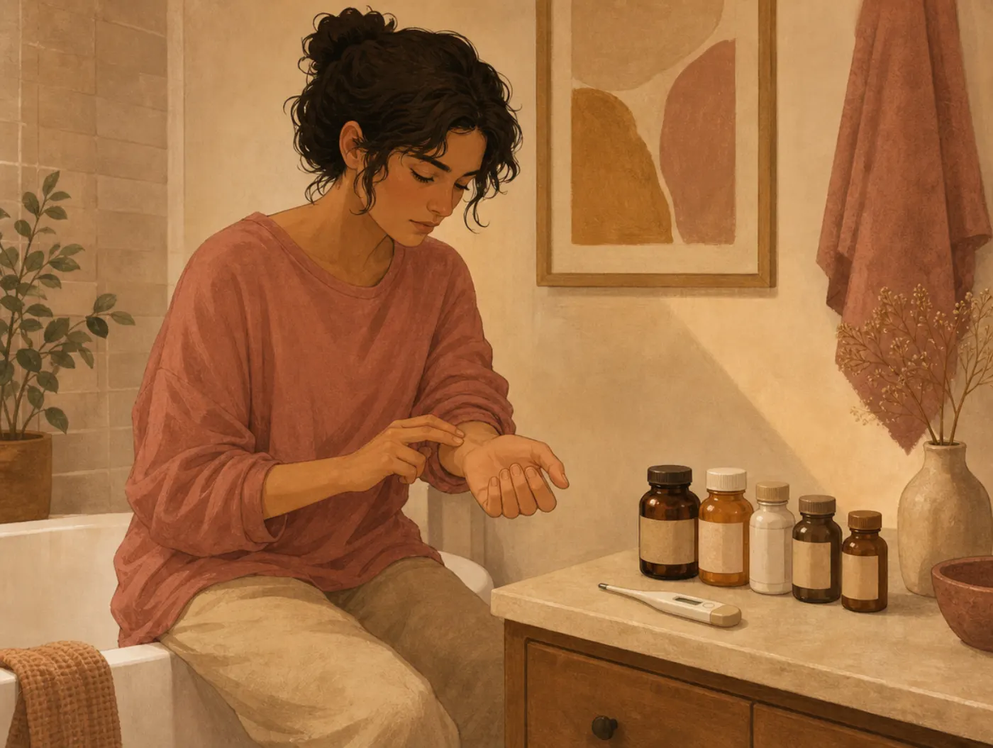 Health Anxiety Test: person checking their pulse on a tub's edge, thermometer and medicine bottles lined up on the count