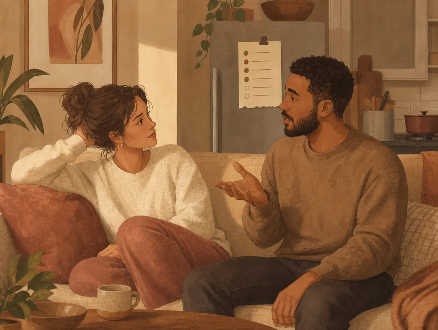 Healthy Relationship Quiz: couple on a couch, one repeating back what the other said, a shared chores list on the fridge