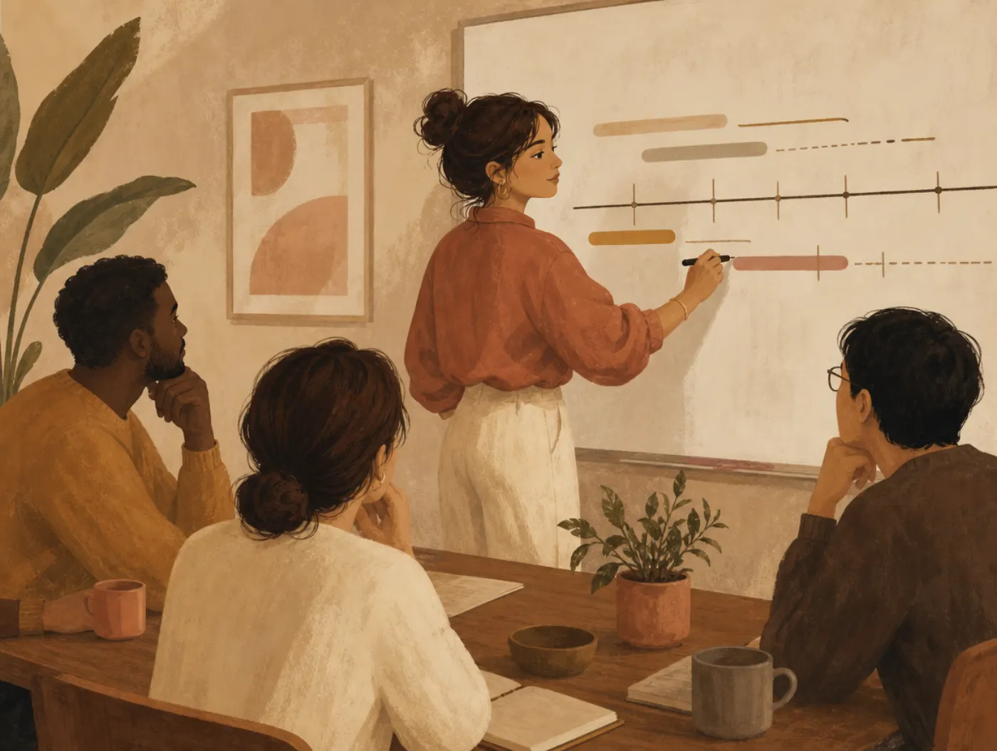 High Potential Test: Traits Linked to Leadership Success: a team lead redrawing a project timeline mid-meeting